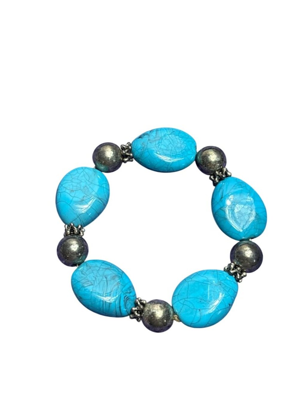 Vintage Plastic Faux Turquiose Silvertone Beaded Stretchy Bracelet Unstretched